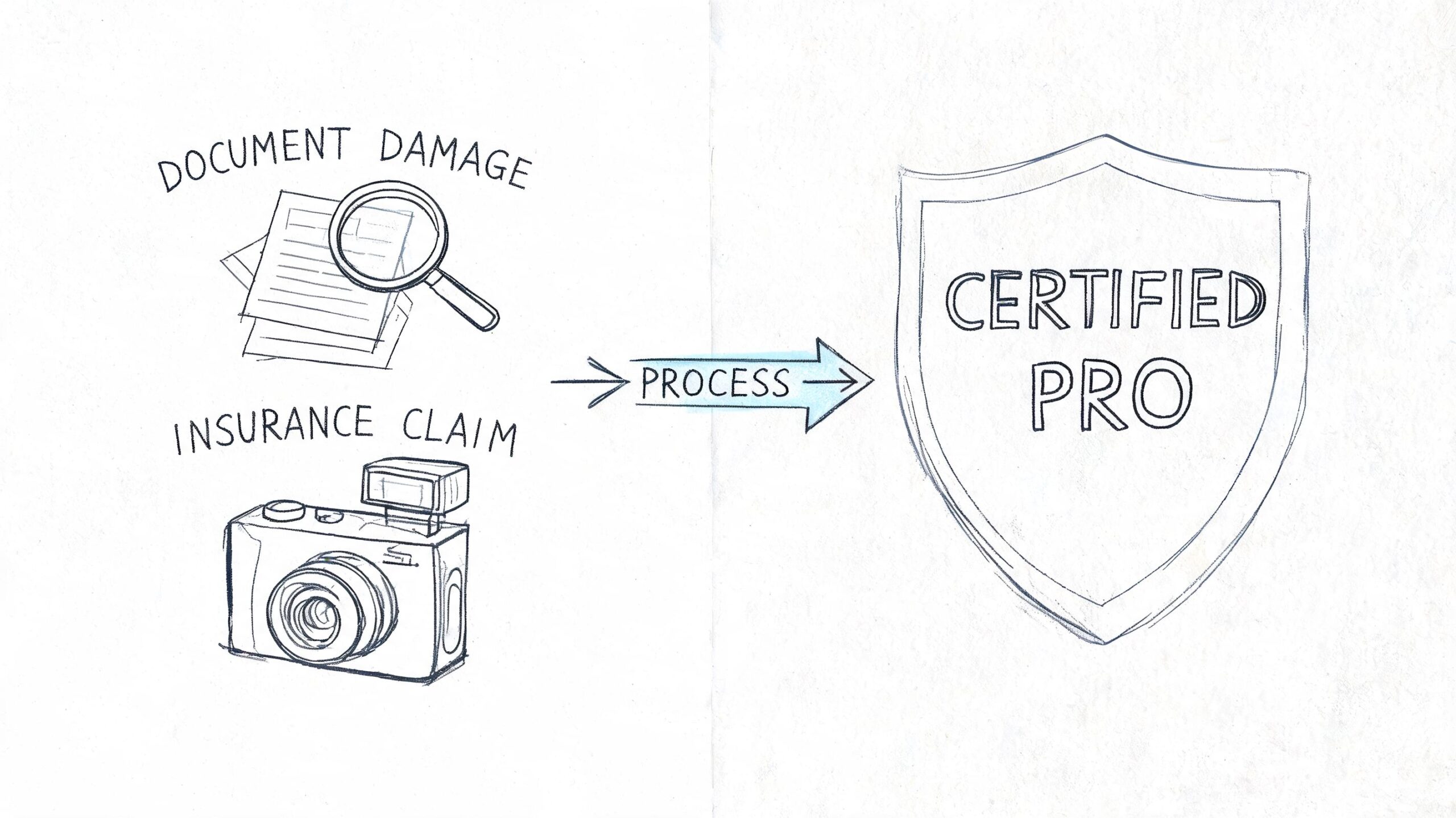 A hand-drawn illustration showing documenting damage and insurance claims being processed by a certified professional.