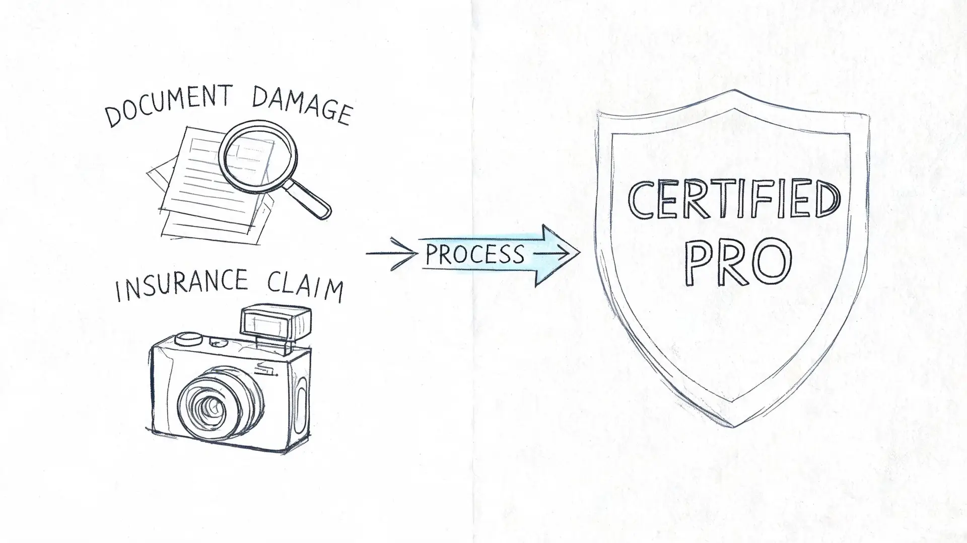 A hand-drawn illustration showing documenting damage and insurance claims being processed by a certified professional.