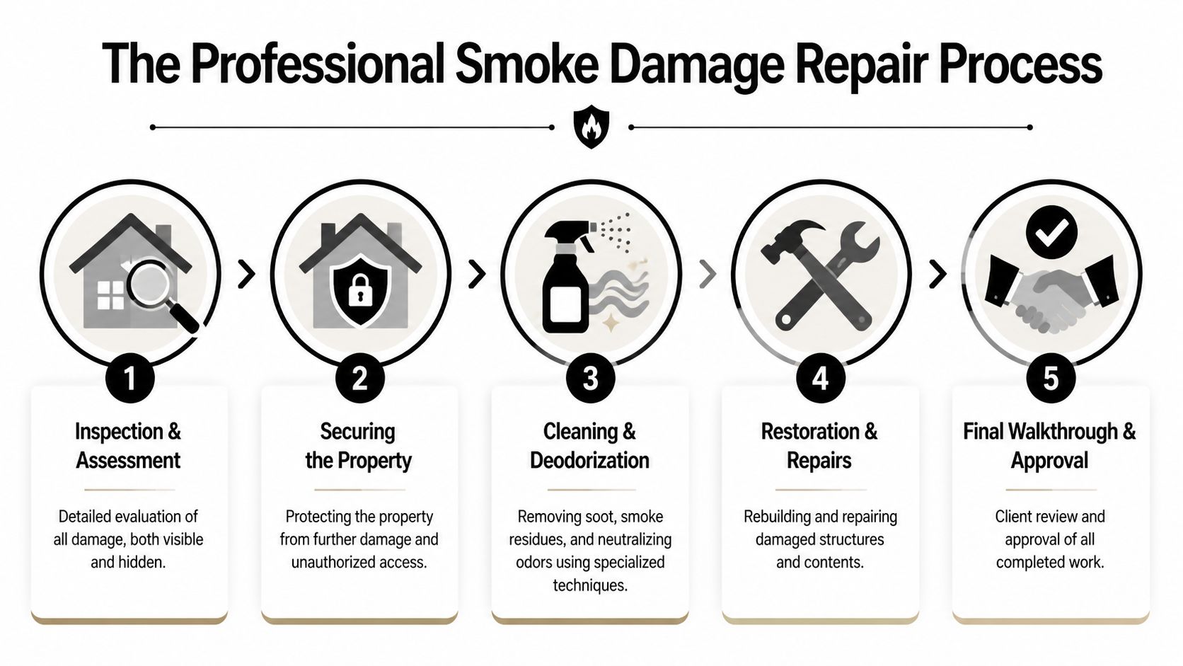 A flowchart showing the five steps of the professional smoke damage repair and restoration process.