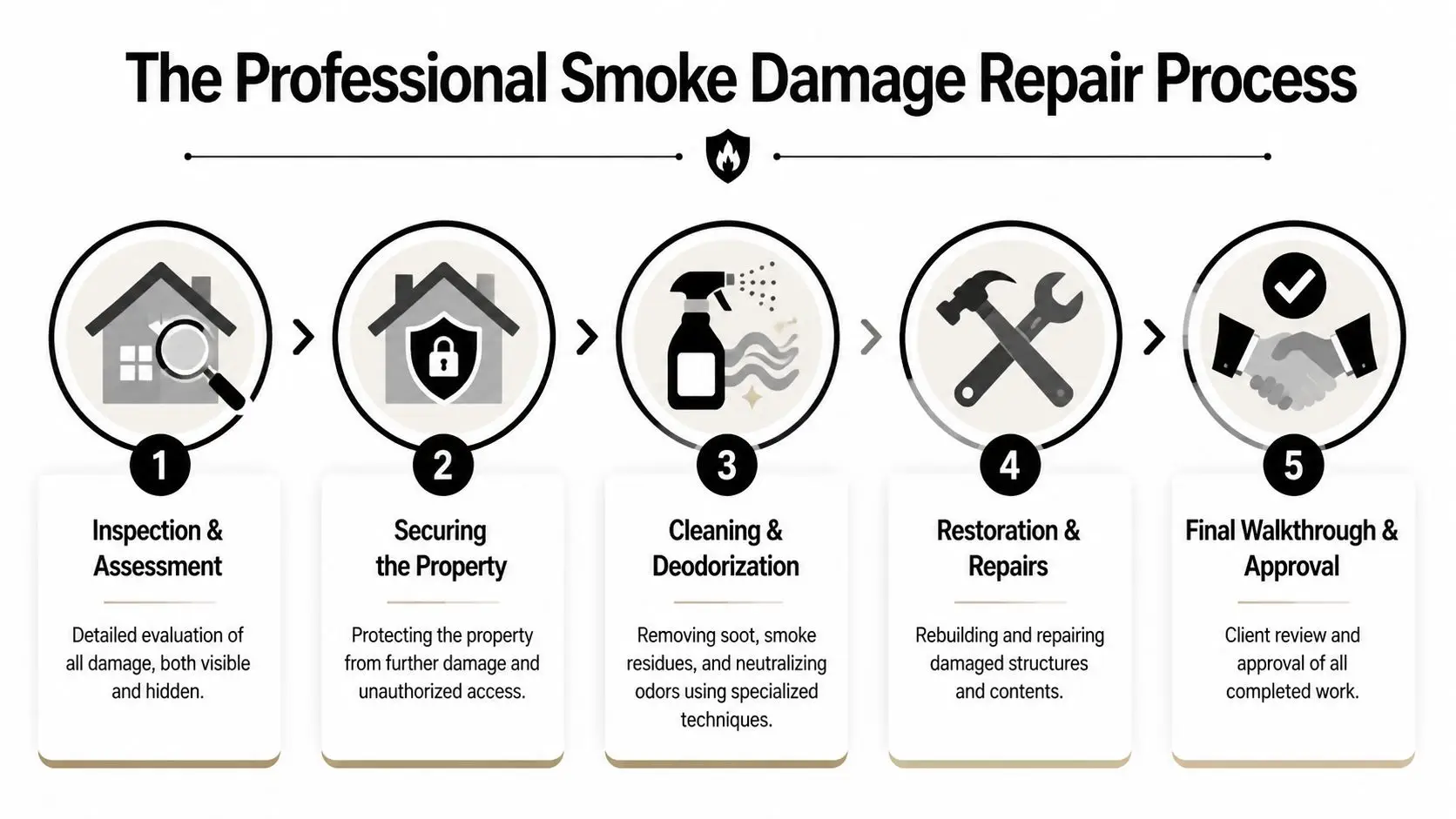 A flowchart showing the five steps of the professional smoke damage repair and restoration process.