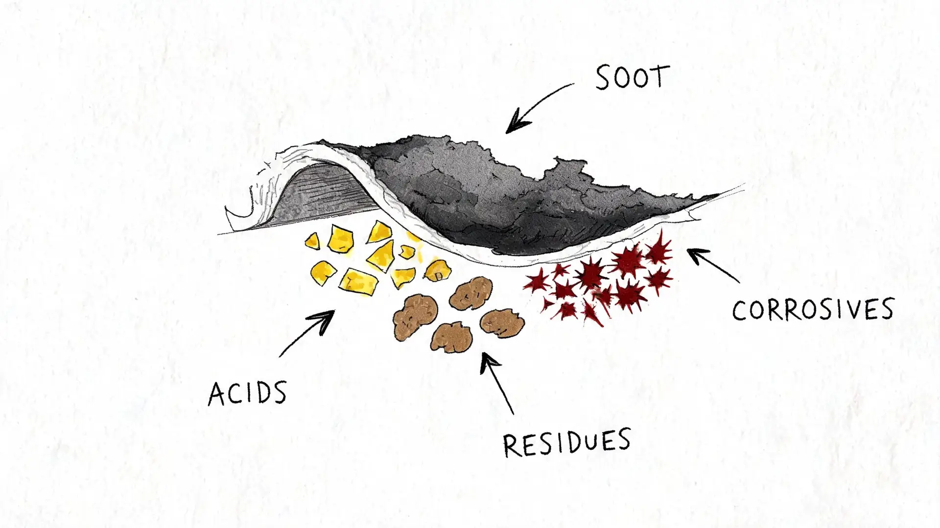 A diagram illustrating the four main components of smoke damage including soot, acids, residues, and corrosives.