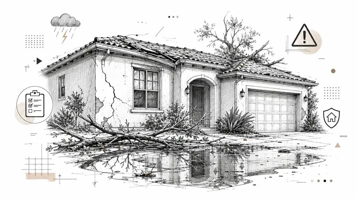 A pencil sketch of a damaged house with cracked walls, a fallen tree, and storm symbols.