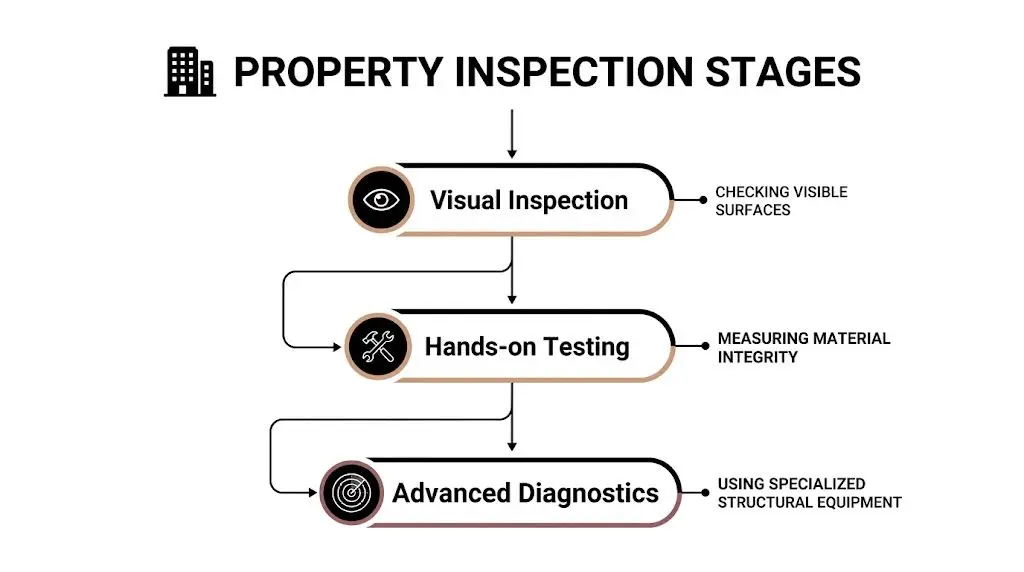 A flow chart showing the three progressive stages of property inspection: visual inspection, hands-on testing, and advanced diagnostics.