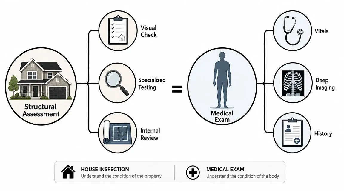 An infographic comparing the steps of a home structural assessment with those of a medical physical exam.