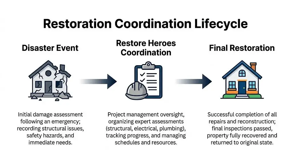 A diagram illustrating the three steps of the restoration coordination lifecycle following a property disaster event.
