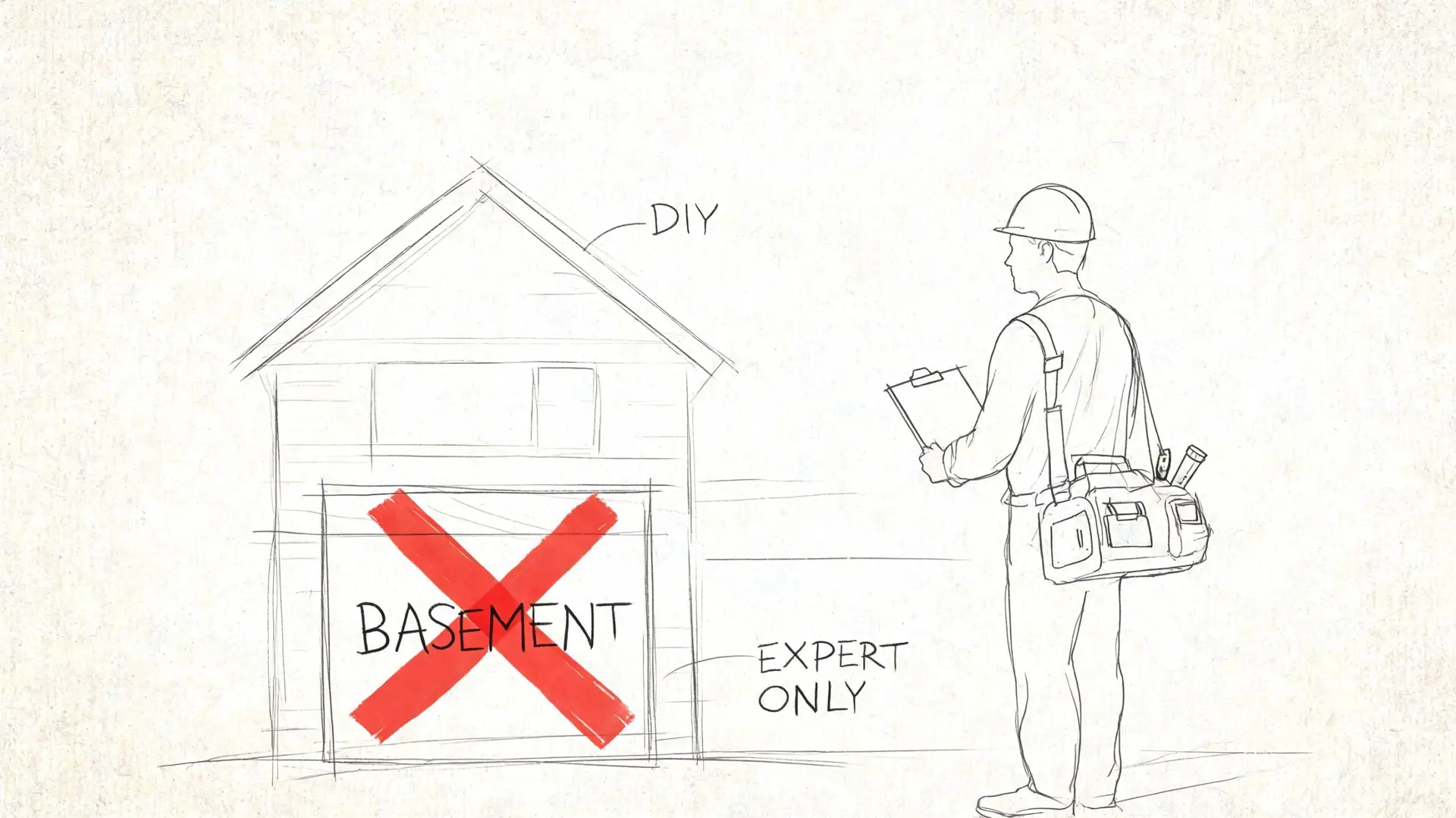 A line drawing of a person in a hard hat inspecting a house with a basement problem.