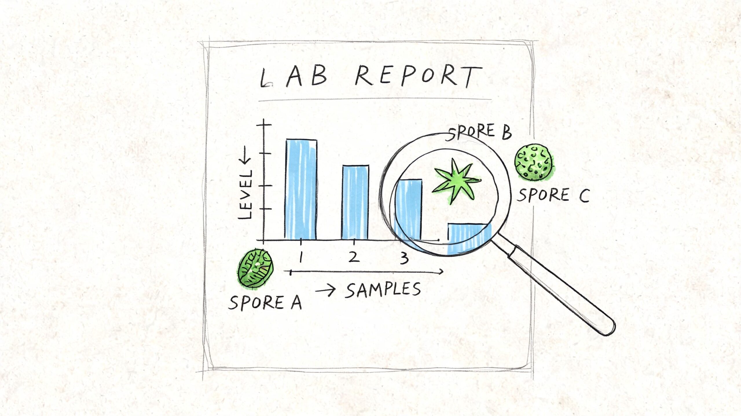 A hand-drawn lab report chart showing decreasing levels of three different mold spore samples under magnification.