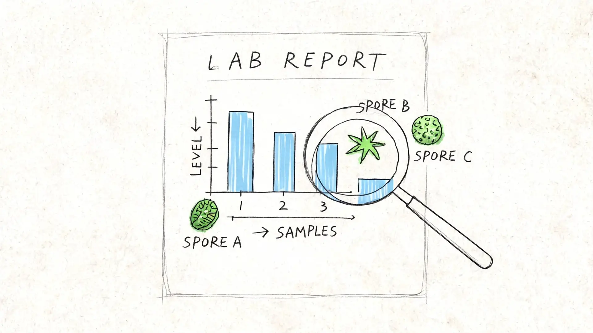 A hand-drawn lab report chart showing decreasing levels of three different mold spore samples under magnification.