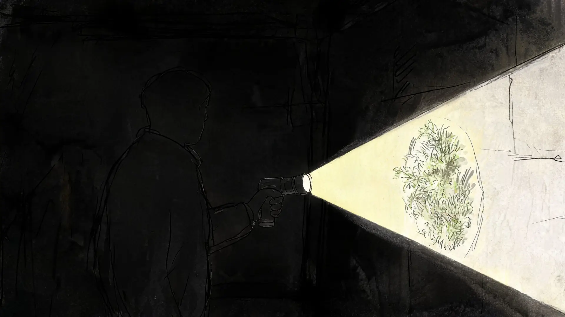 A silhouette of a person uses a flashlight to inspect mold growth on a dark basement wall.