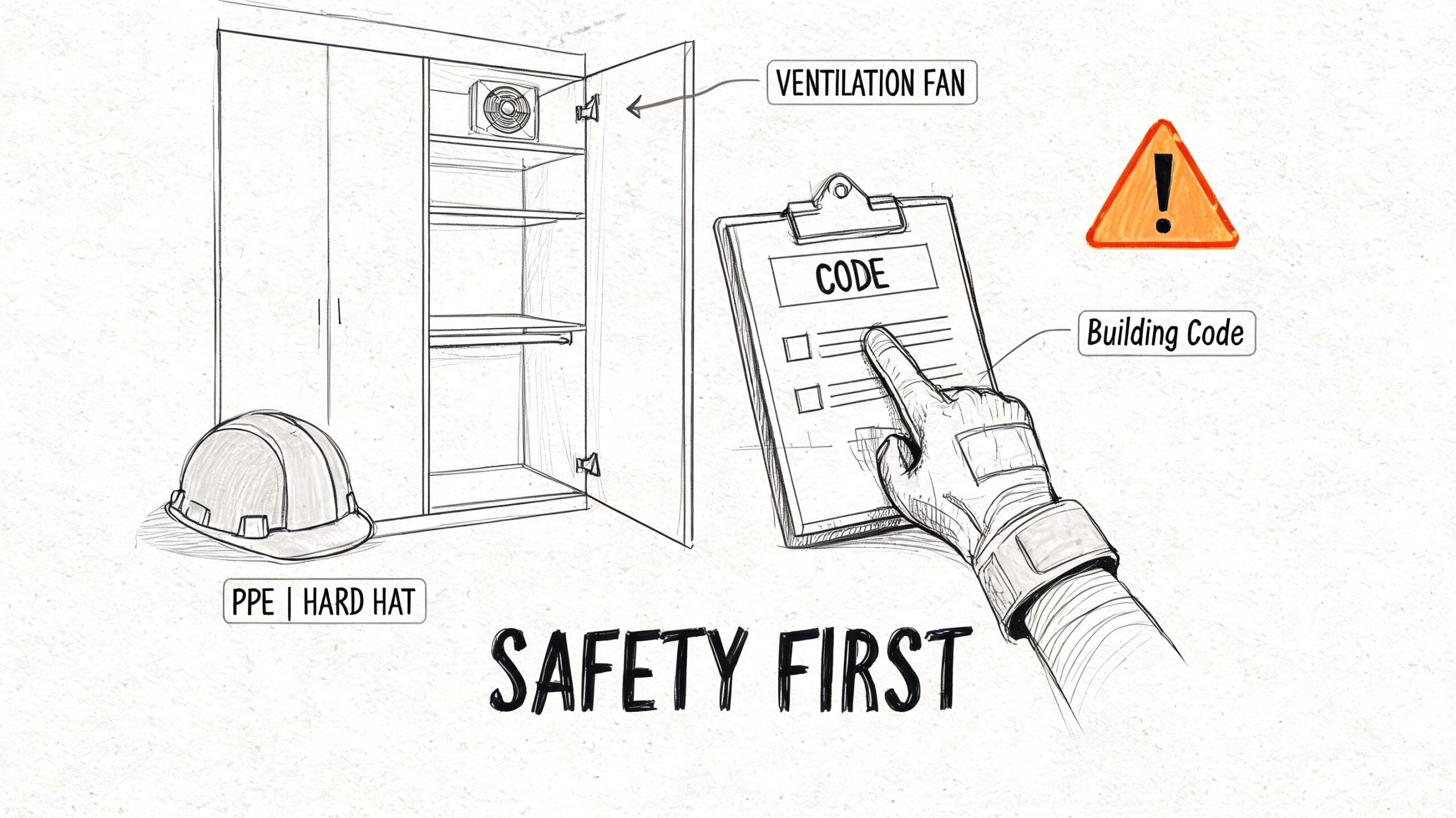 A hand wearing a glove checking a building code checklist next to a cabinet with a ventilation fan.