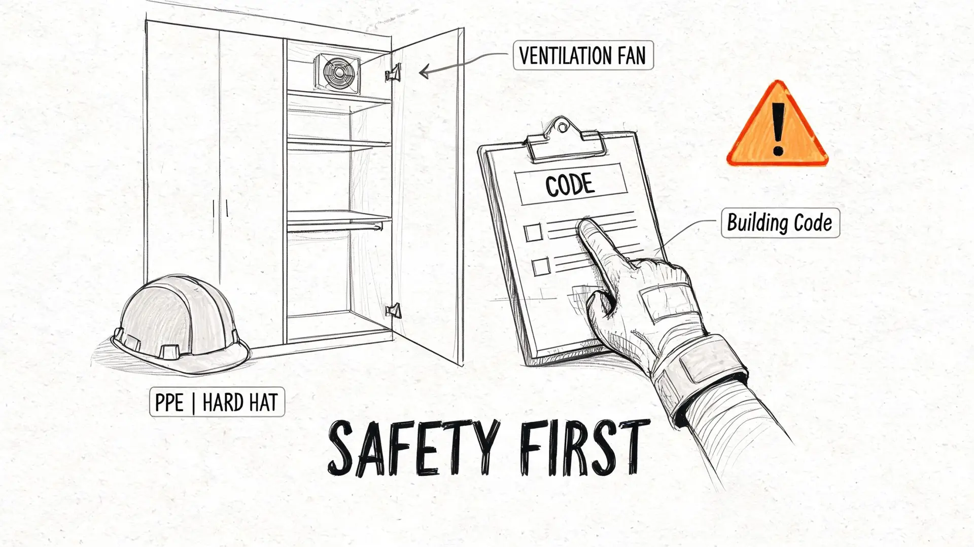 A hand wearing a glove checking a building code checklist next to a cabinet with a ventilation fan.