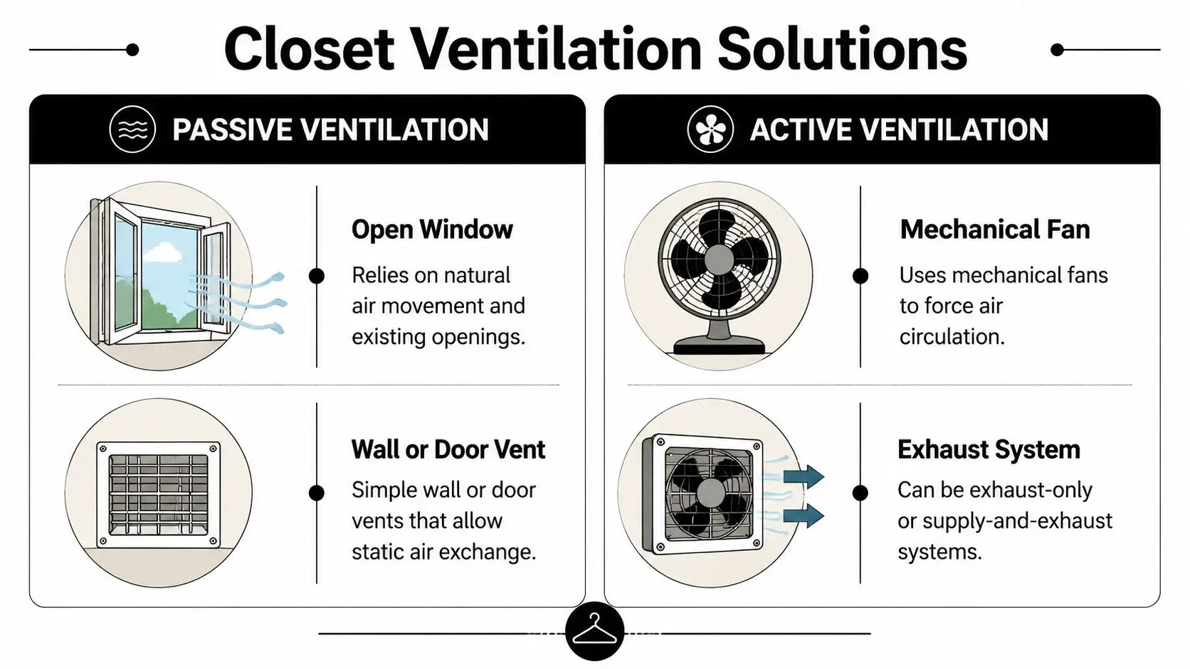 A diagram comparing passive and active ventilation solutions for a closet, including windows, vents, and fans.