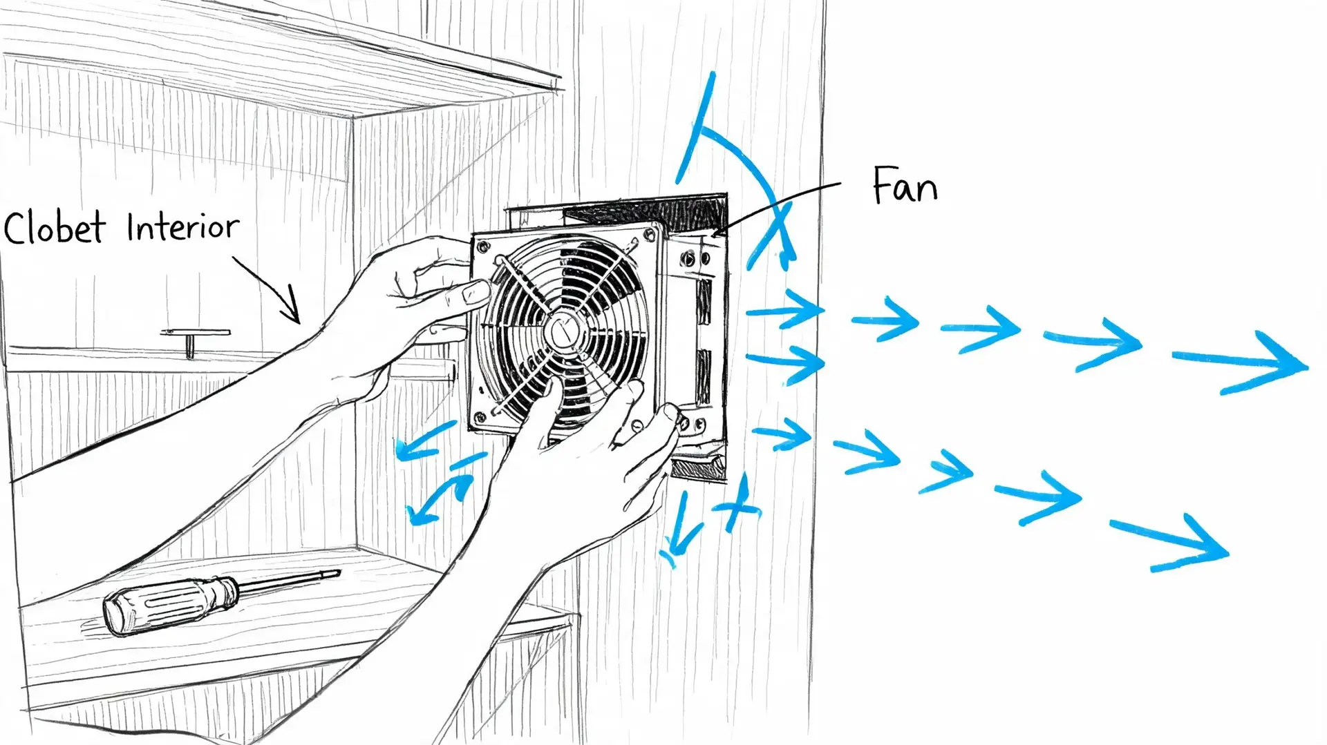 A hand-drawn illustration showing a person installing a ventilation fan into the wall of a closet.