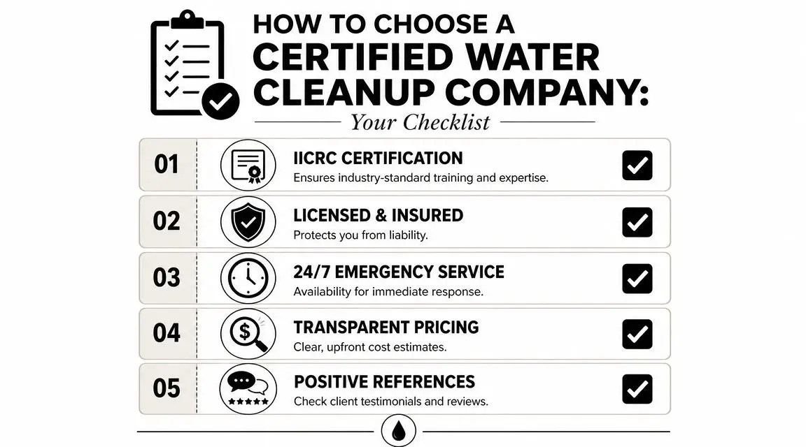A checklist infographic outlining five essential factors to consider when choosing a certified water cleanup company.