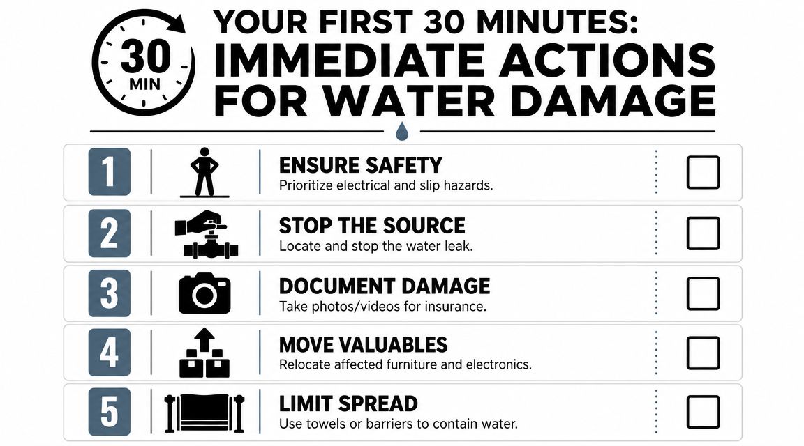 A checklist infographic titled Your First 30 Minutes listing five immediate actions for managing water damage.