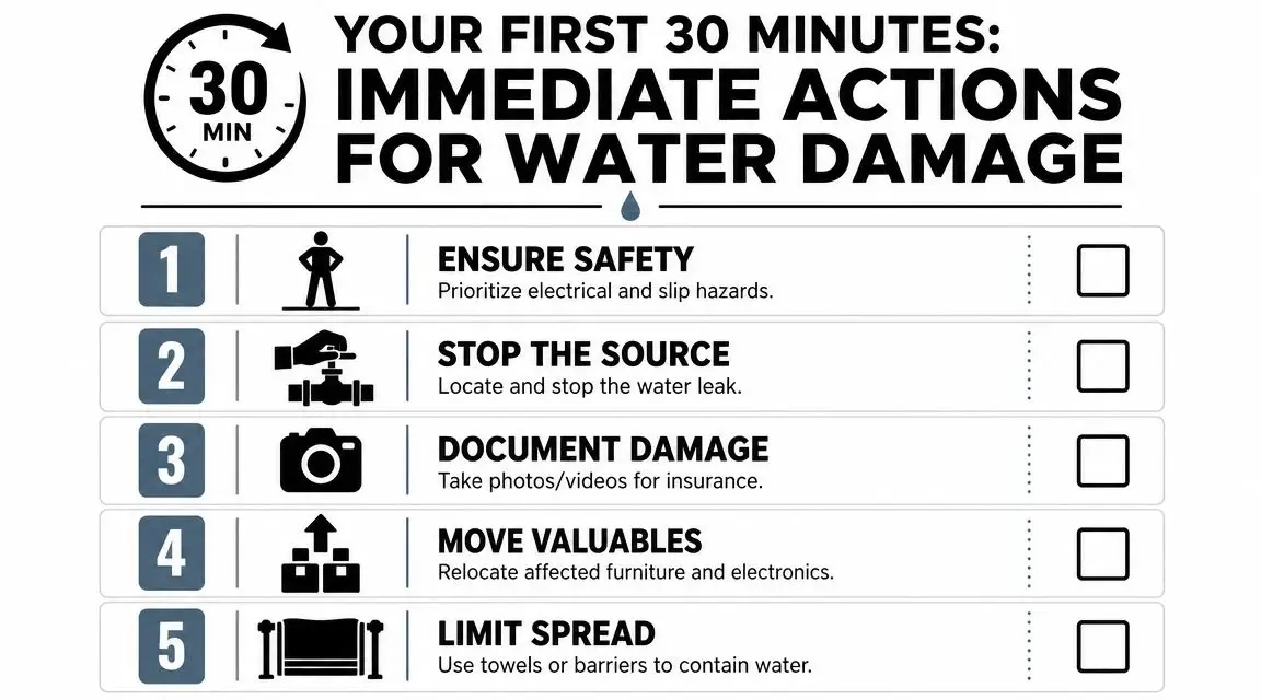 A checklist infographic titled Your First 30 Minutes listing five immediate actions for managing water damage.
