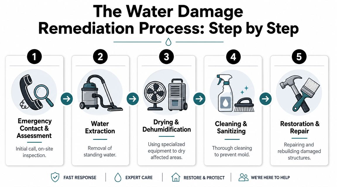 A five-step infographic detailing the professional water damage remediation and property restoration process from start to finish.