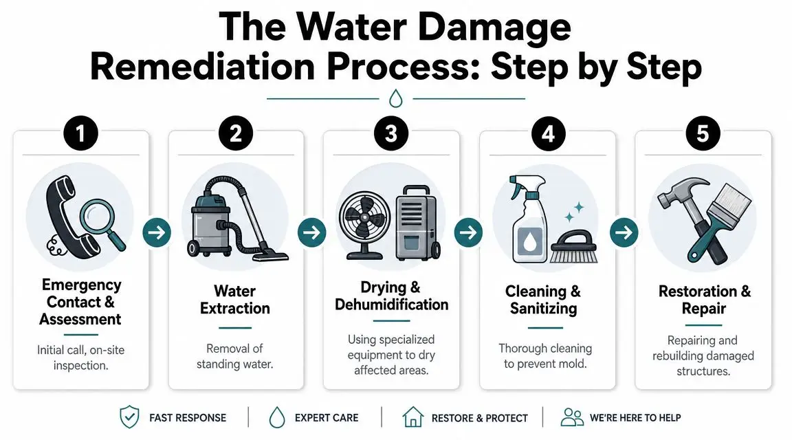 A five-step infographic detailing the professional water damage remediation and property restoration process from start to finish.
