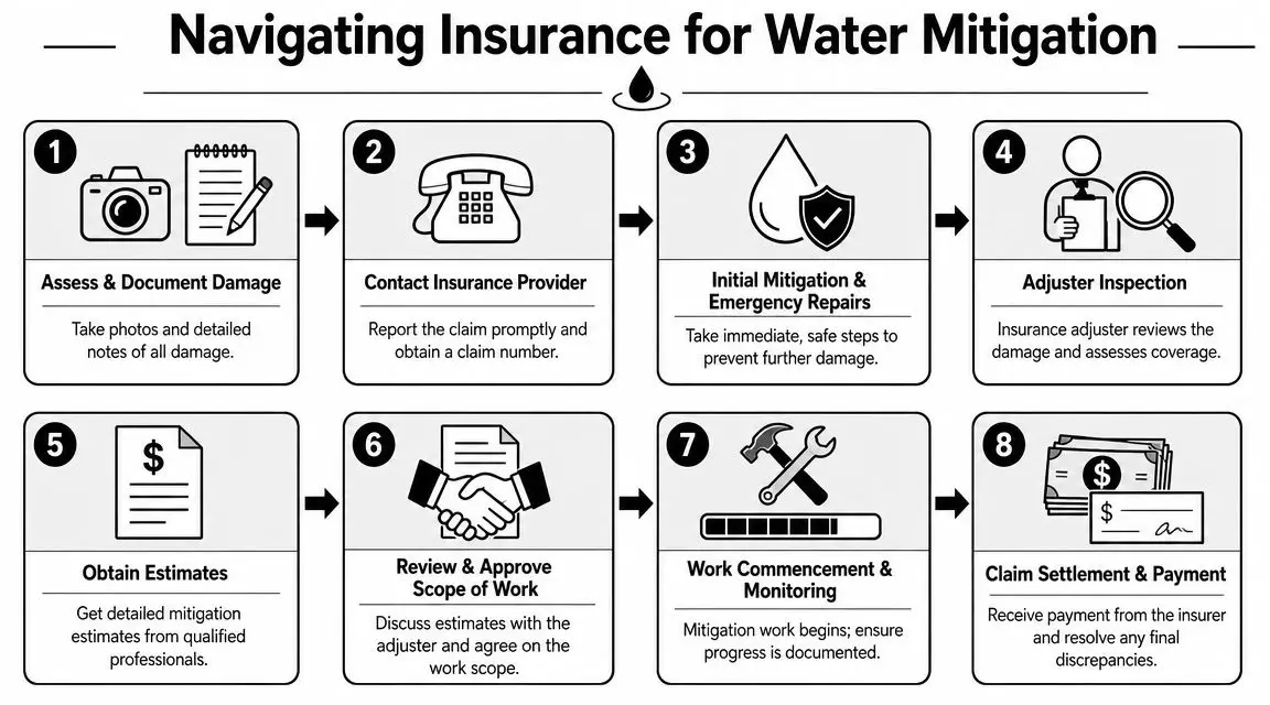 An infographic detailing the eight steps for navigating the insurance claims process for home water mitigation.