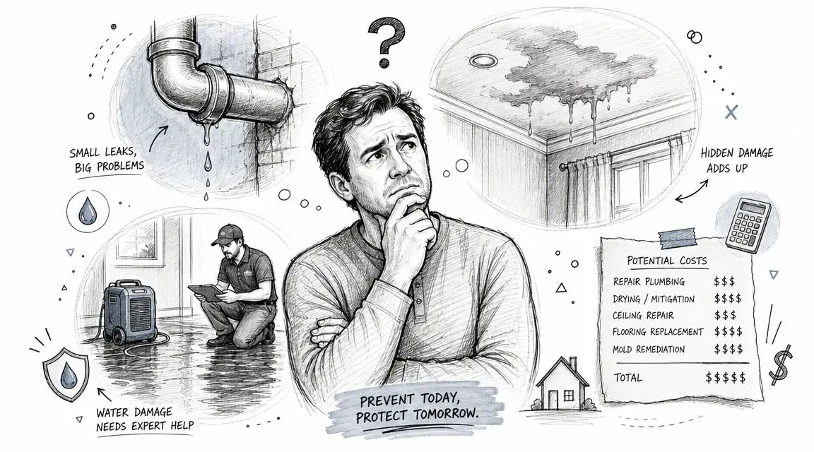 A concerned man considers the high costs and risks associated with untreated home water leak damage.