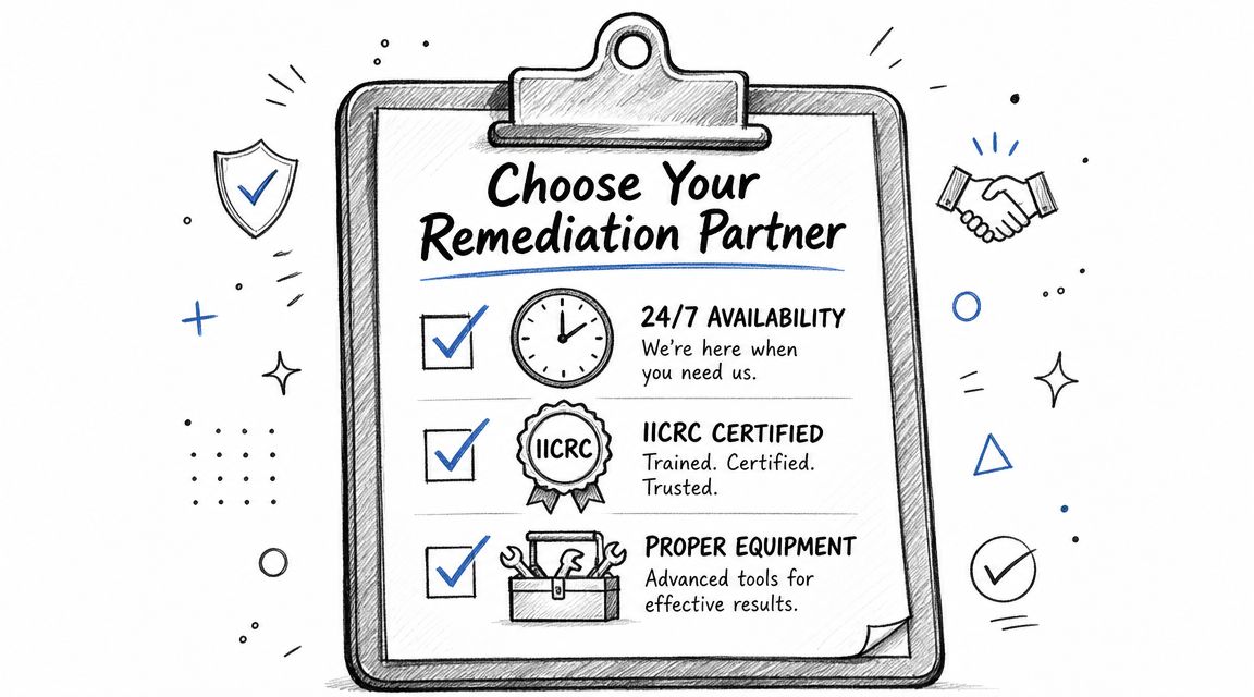 A clipboard graphic listing the benefits of choosing a professional remediation partner including certification and tools.