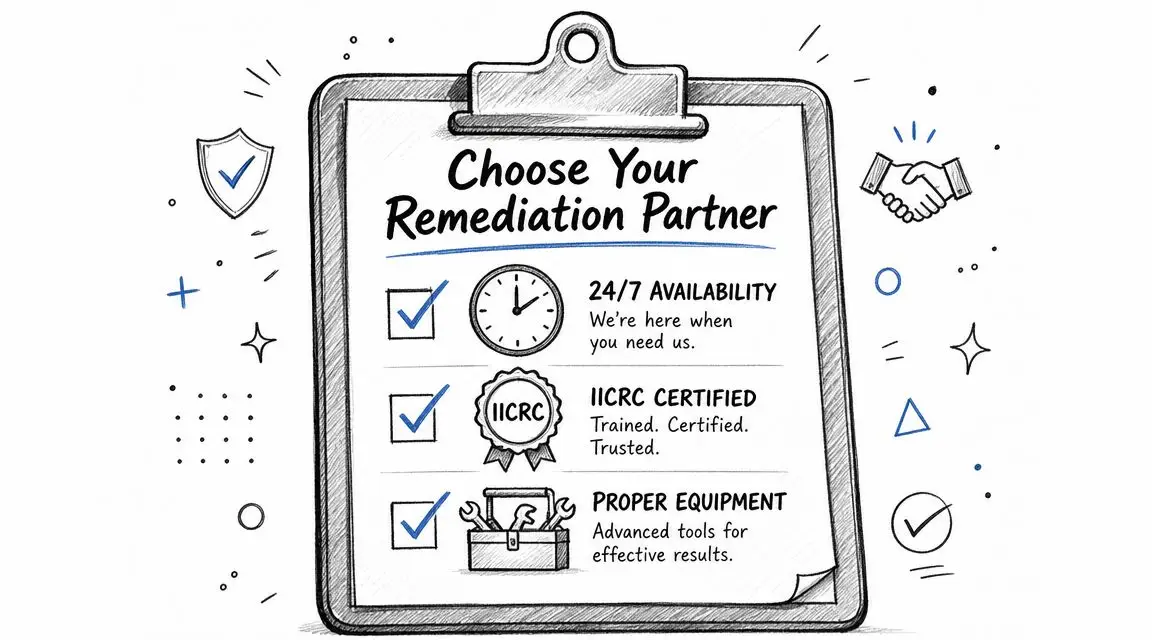 A clipboard graphic listing the benefits of choosing a professional remediation partner including certification and tools.