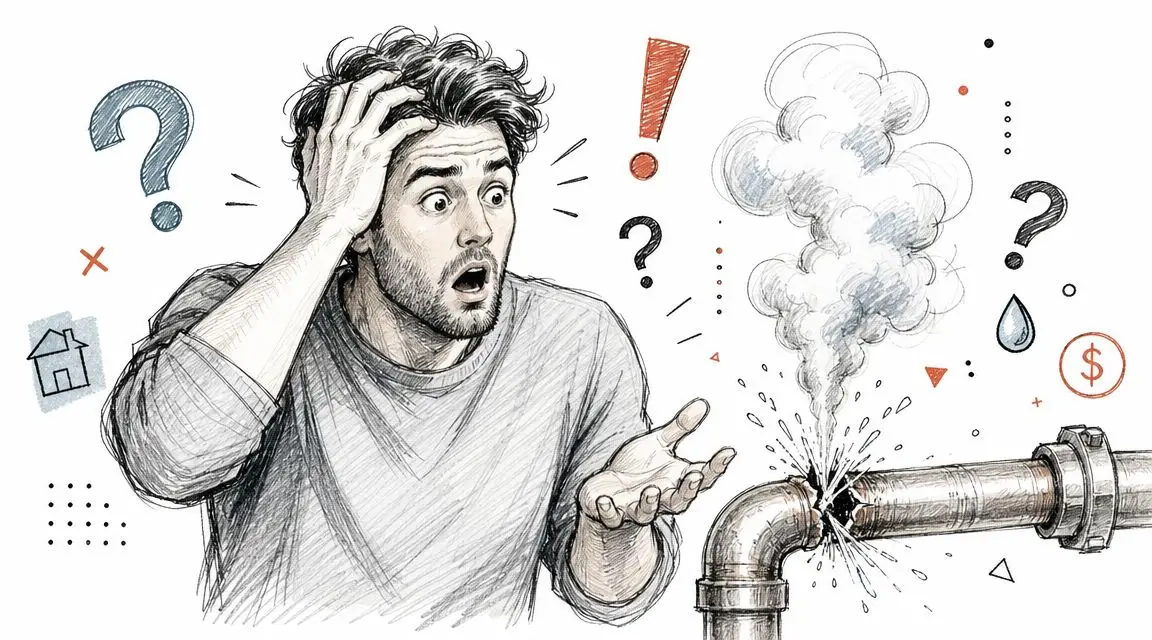A distressed man reacting to a broken, leaking pipe with smoke and water symbols, representing plumbing emergencies.