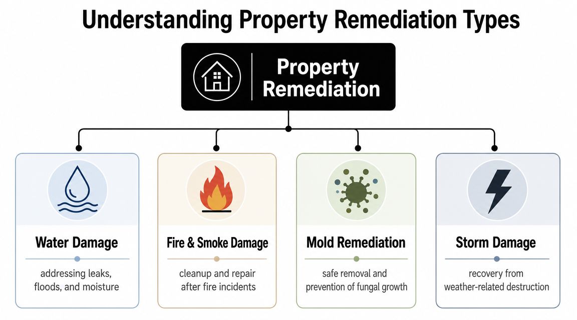 A diagram illustrating the four main types of property remediation services including water, fire, mold, and storm damage.