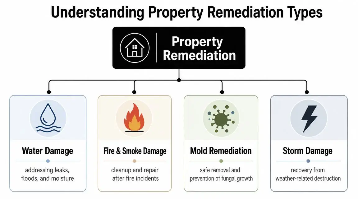 A diagram illustrating the four main types of property remediation services including water, fire, mold, and storm damage.