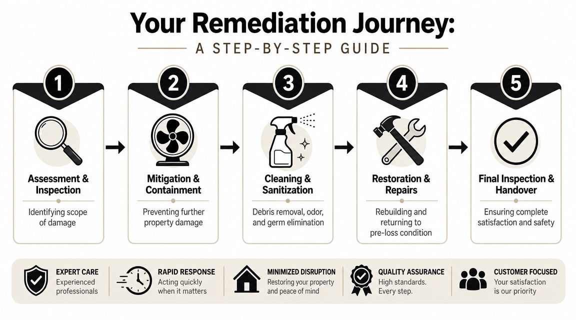 A flowchart showing the five step-by-step remediation journey process for property damage restoration services.
