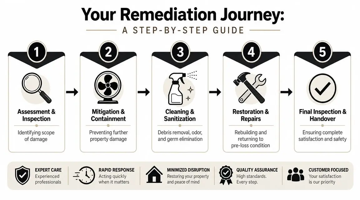 A flowchart showing the five step-by-step remediation journey process for property damage restoration services.