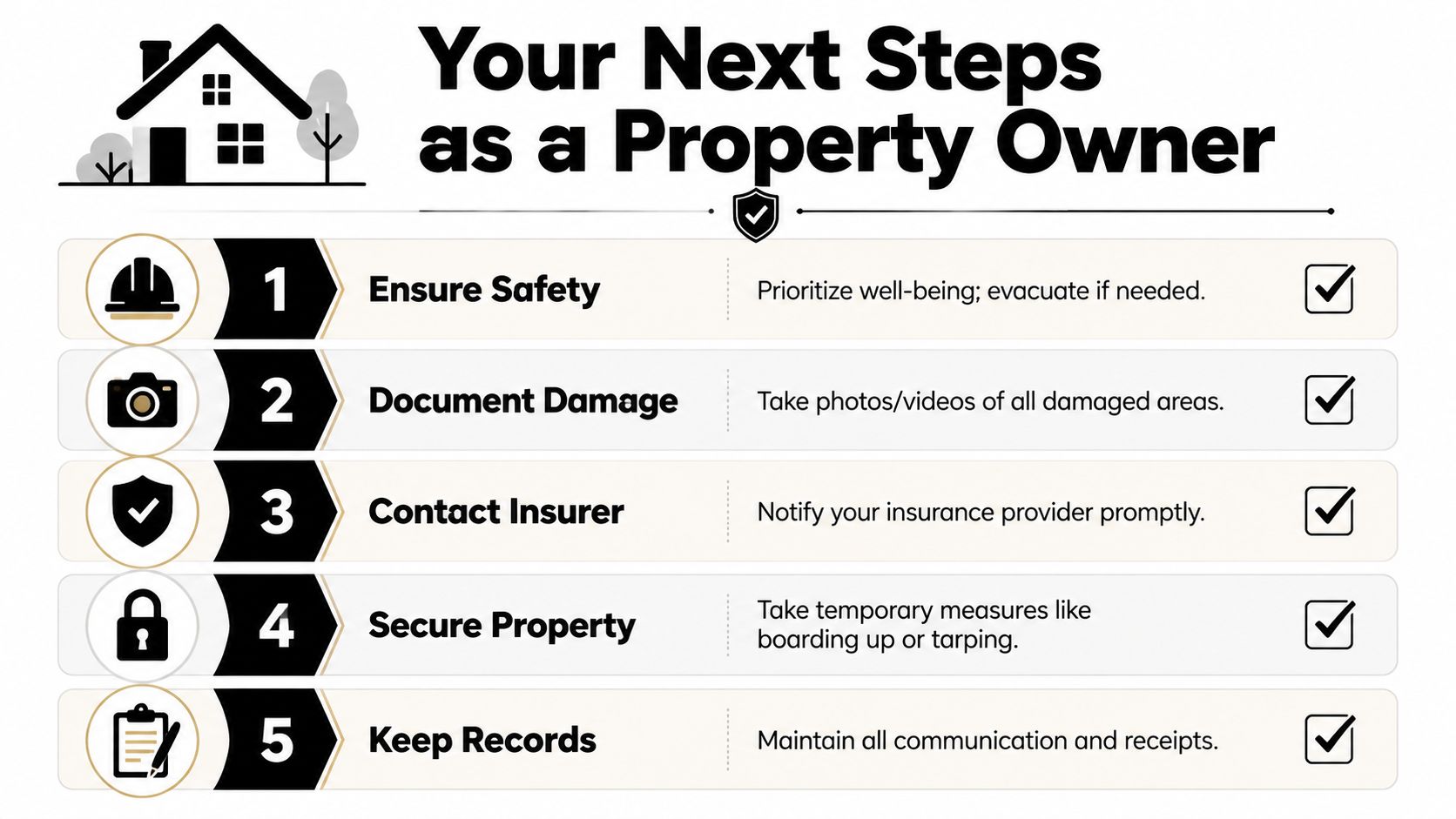 A five-step infographic for property owners detailing emergency response steps including safety, documentation, insurance, and property security.