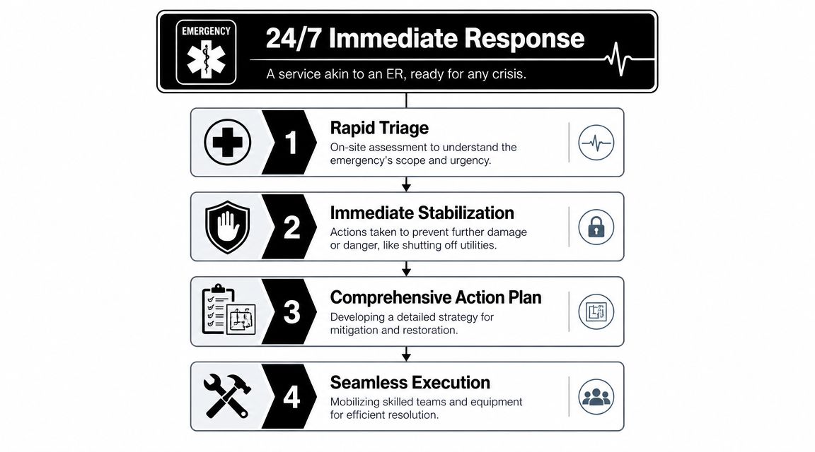A four-step infographic illustrating a 24/7 emergency response process including triage, stabilization, action planning, and execution.