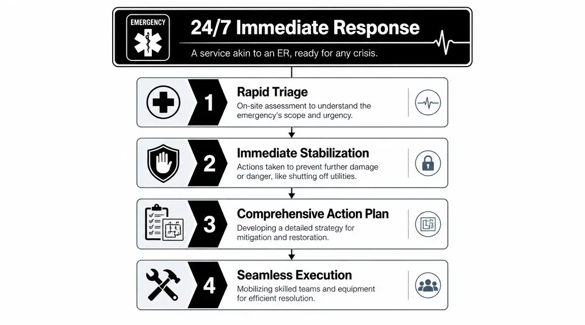 A four-step infographic illustrating a 24/7 emergency response process including triage, stabilization, action planning, and execution.