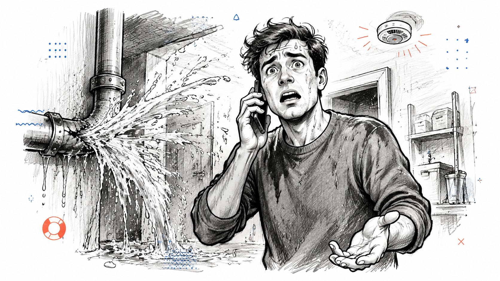 A panicked man on the phone calling for help as a pipe bursts, causing a home water leak.