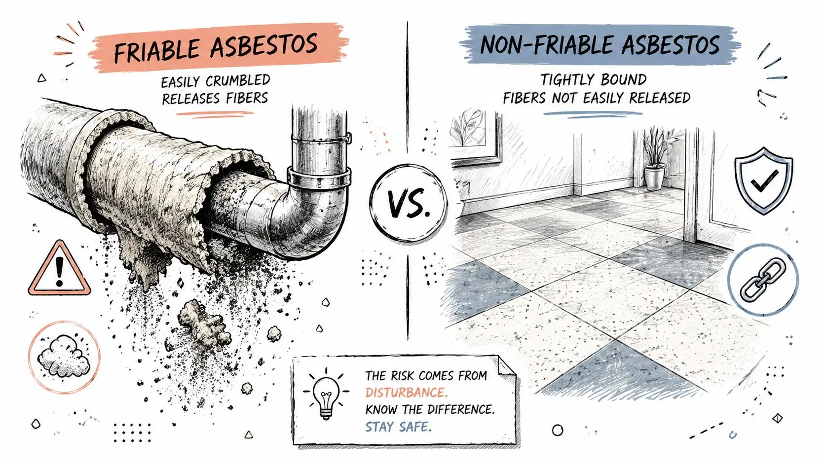An infographic comparing friable and non-friable asbestos materials, showing how they differ in safety and release.