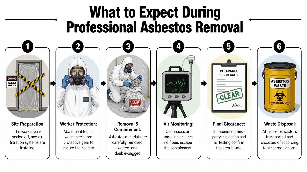 A six-step infographic illustrating the professional process of asbestos removal, containment, air monitoring, and safe waste disposal.