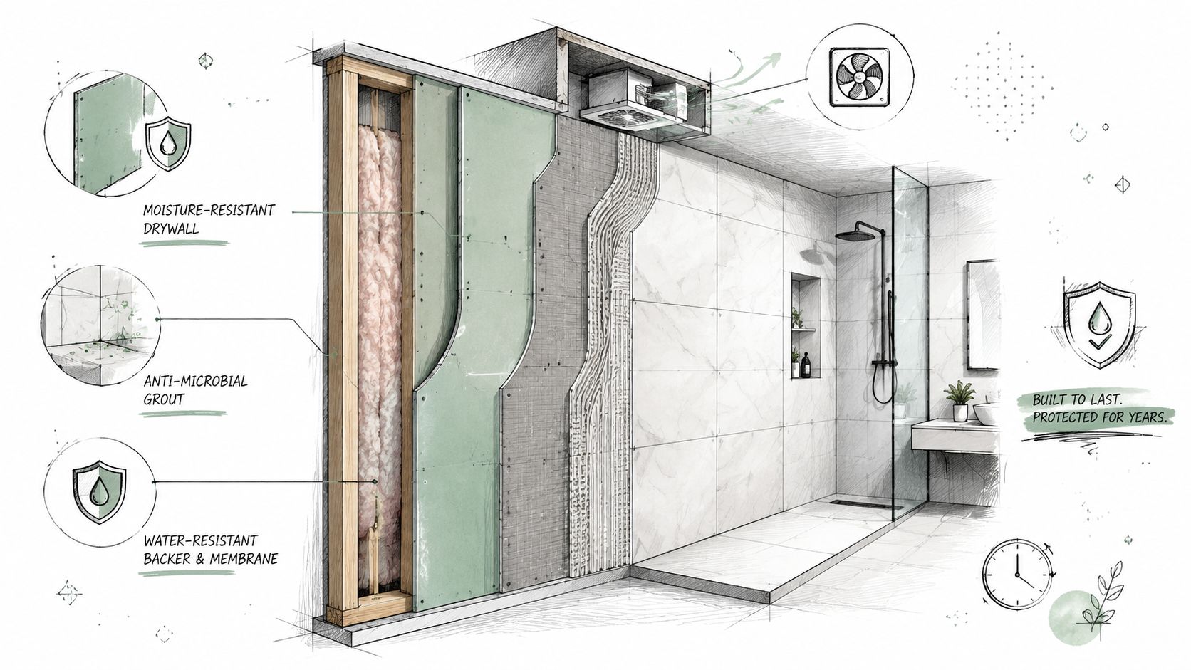 A detailed technical drawing illustrating moisture-resistant materials for effective bathroom mold prevention and wall construction.