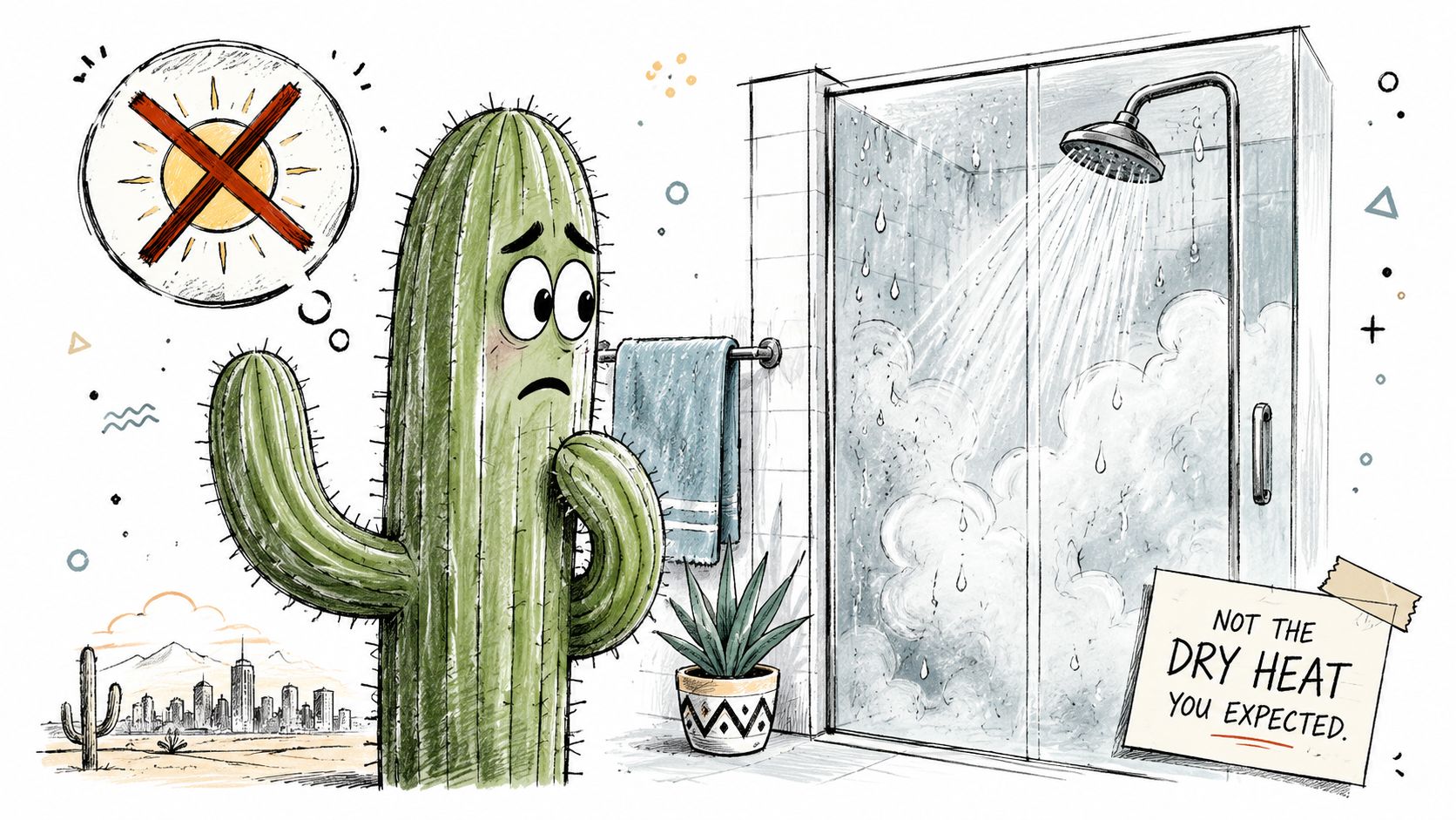 A worried cartoon cactus stands outside a steamy, humid shower stall, referencing high bathroom humidity levels.