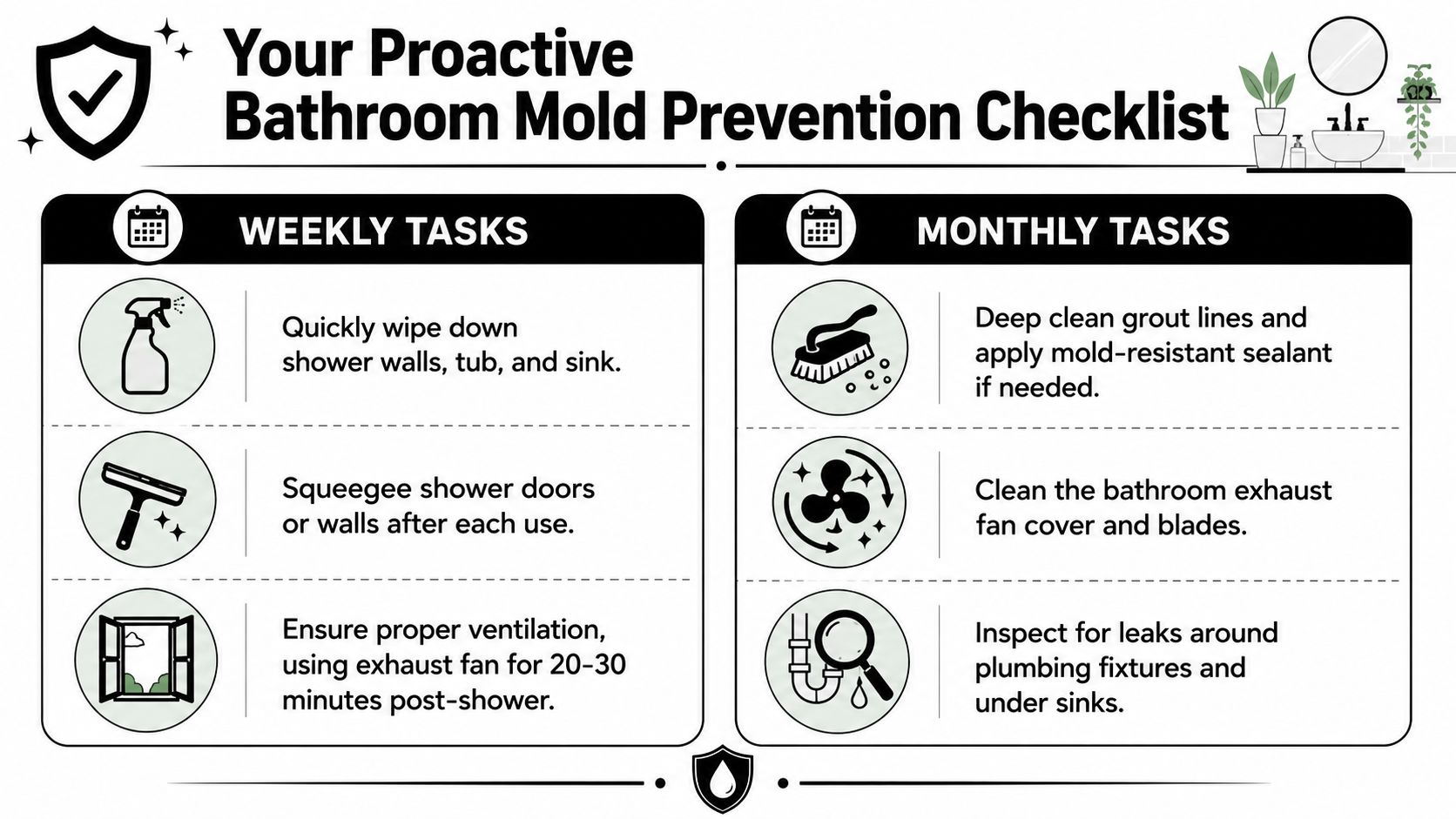 A checklist infographic titled Your Proactive Bathroom Mold Prevention Checklist featuring weekly and monthly cleaning tasks.