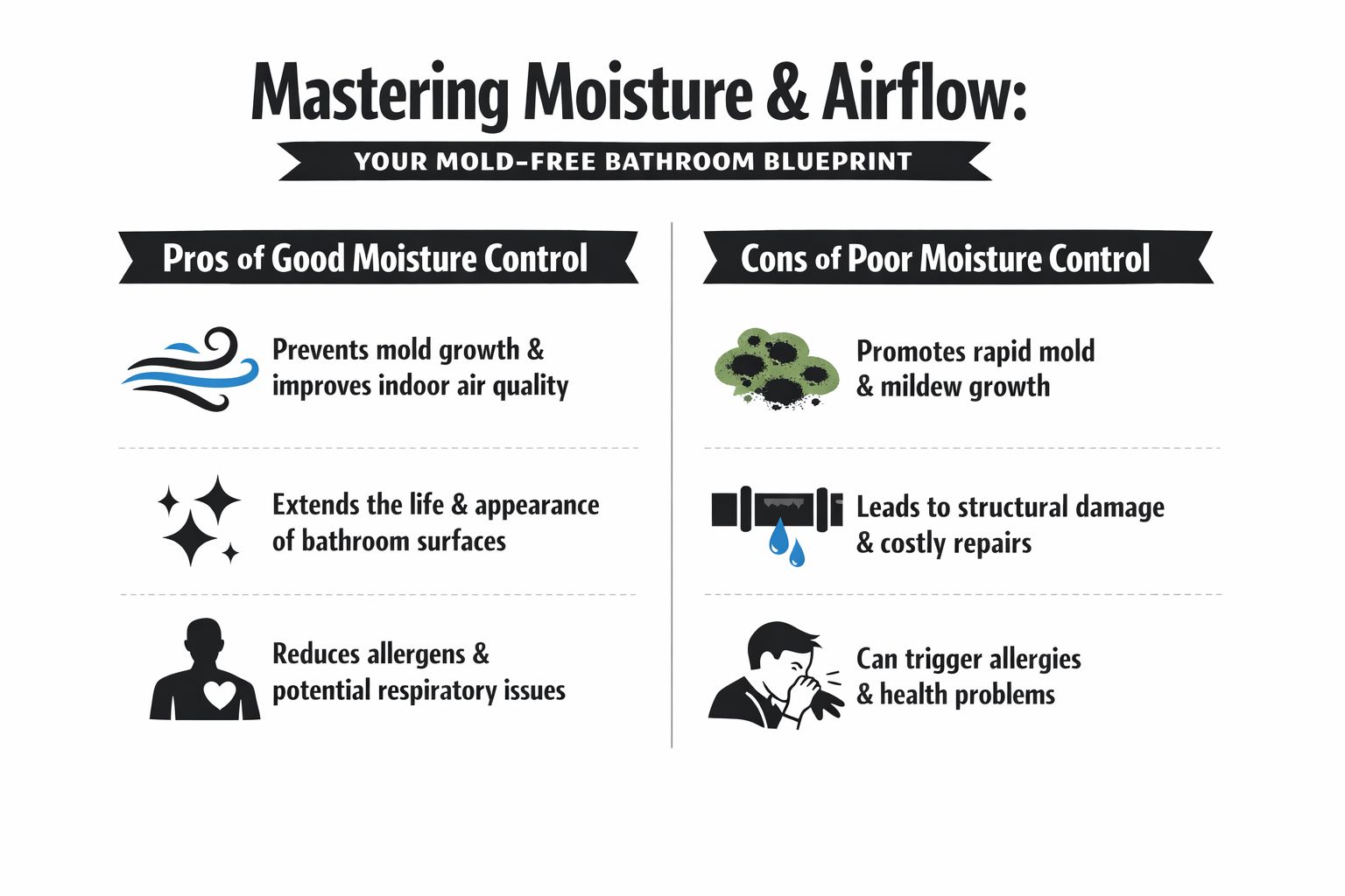 An infographic titled Mastering Moisture and Airflow illustrating the benefits of moisture control and the risks of poor bathroom ventilation.