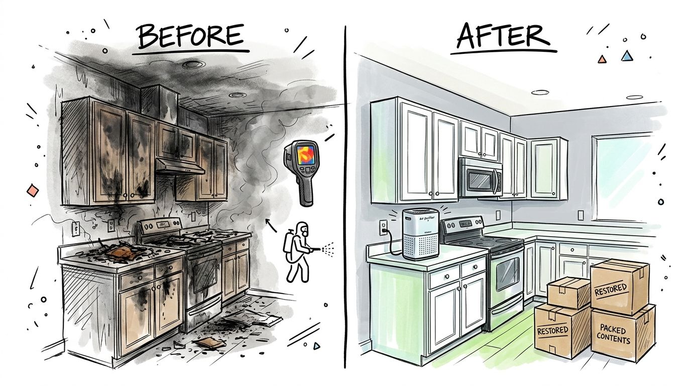 A split illustration showing a kitchen damaged by fire before restoration and fully cleaned after restoration.