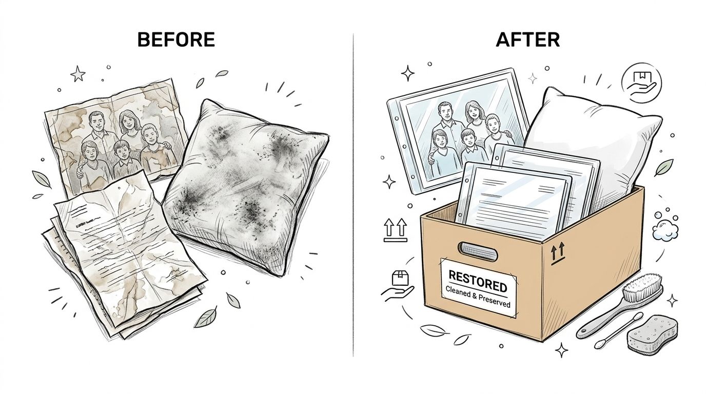 A split illustration comparing damaged, dirty family items on the left with restored, clean items on the right.