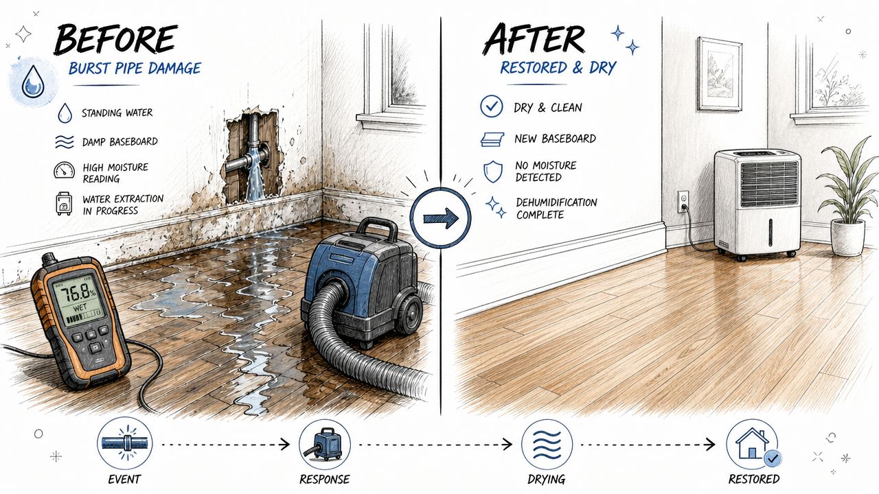 A split image showing water damage from a burst pipe before and after professional restoration and drying.
