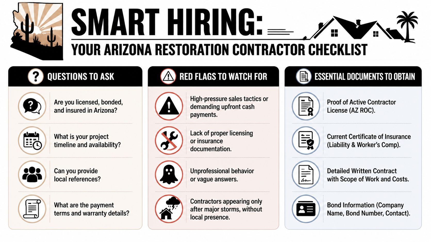 An informational checklist titled Smart Hiring guiding homeowners on selecting a qualified restoration contractor in Arizona.