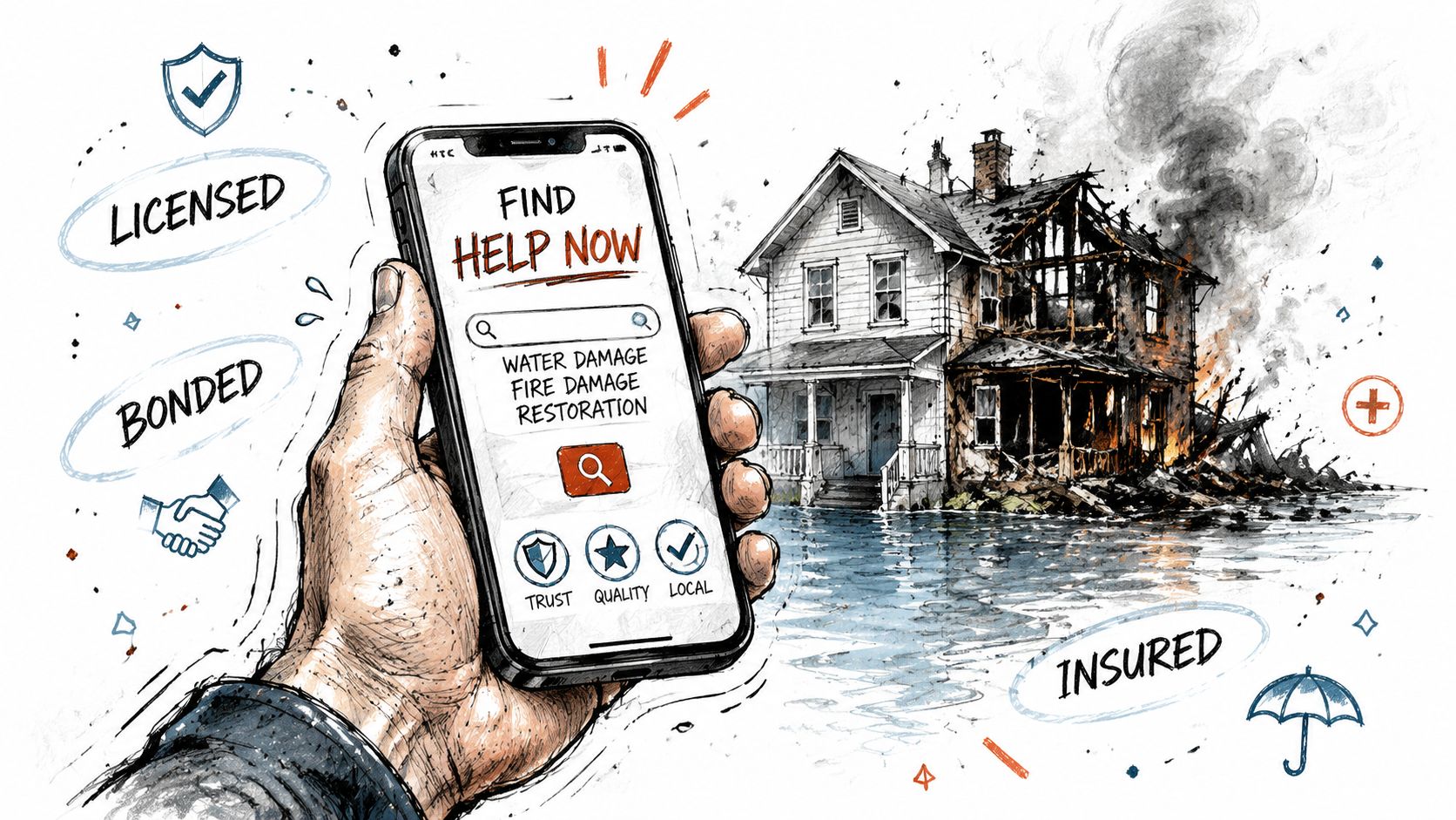 A hand holding a smartphone searching for emergency water and fire damage restoration services for a destroyed house.