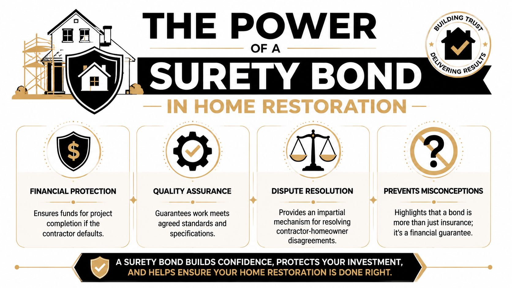 An infographic detailing the benefits of surety bonds for home restoration projects, including financial protection and quality assurance.