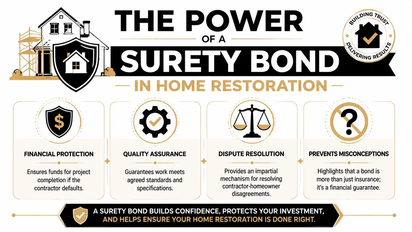 An infographic detailing the benefits of surety bonds for home restoration projects, including financial protection and quality assurance.
