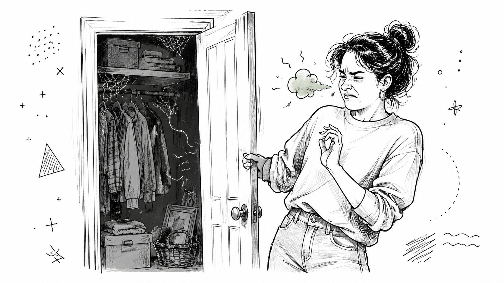 A woman reacting with disgust to the unpleasant odor coming from an old, neglected dusty closet.