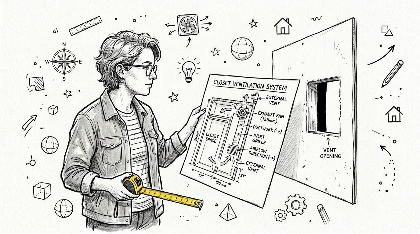 A person holding a closet ventilation system blueprint and a measuring tape, planning home improvements.